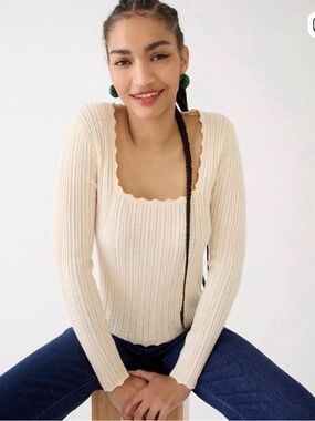 J. Crew Cream Scalloped Square-Neck Ribbed Sweater